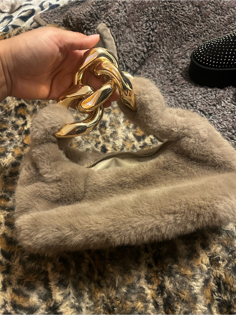 Taupe Faux-Fur Handbag with Gold Chain Handle